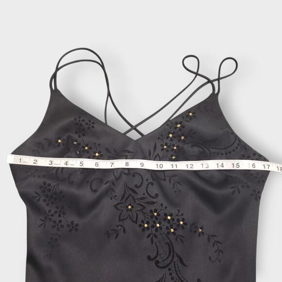 Vtg Rampage Y2K Black Floral Embroidered Rhinestone Maxi Dress Slit Sz 11 Formal - Picture 9 of 14